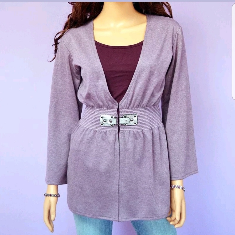 Cardigan Sweater Heather Purple Long Sleeve Warm w/ Buckle